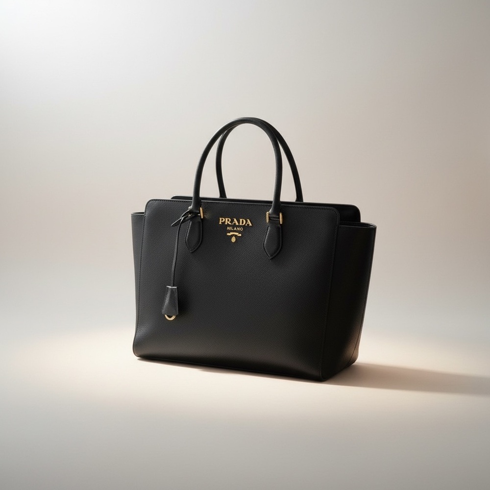 Prada Black Saffiano Leather Satchel with Gold Logo